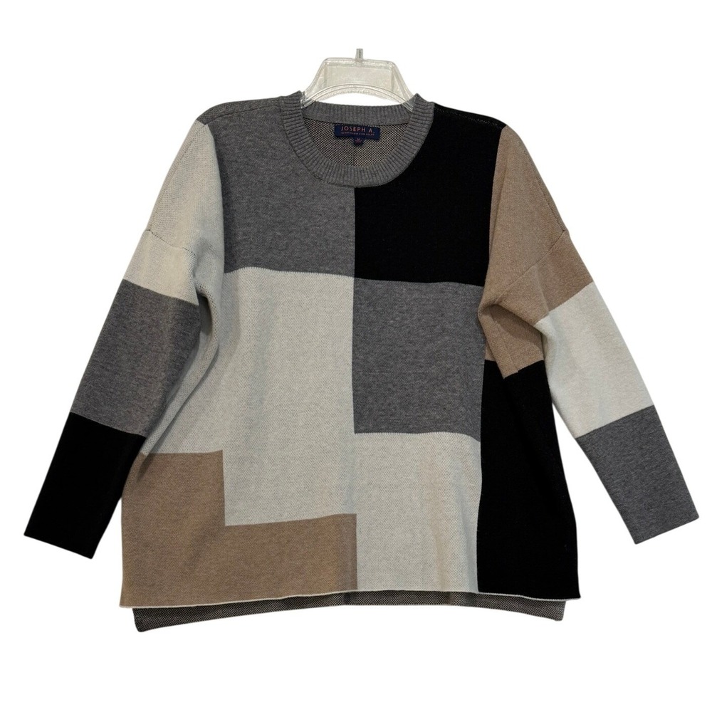 Joseph A. Colorblock Patchwork Crew Neck Sweater Neutral Grey‎ Black Tan Medium